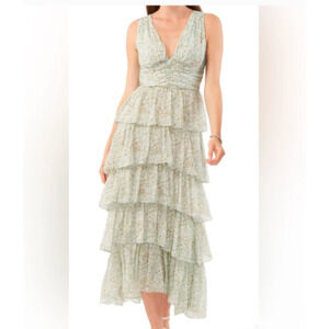 1 State Dress 6 Maxi Aline Floral Green Ruffles Tiered Vneck Sleeveless New